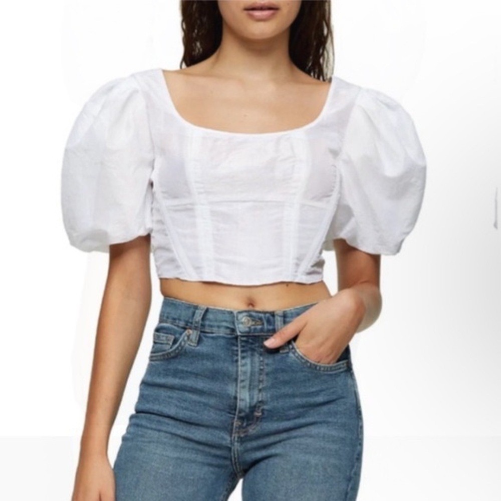 Topshop Corset Puff Sleeve Crop Top Womens Size 8 White Romantic Regencycore NEW